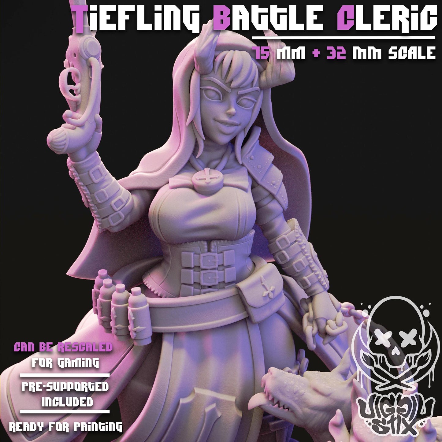 Tiefling Battle Cleric Mini - 32mm or 75mm - Jigglystix